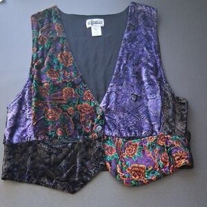 Vintage Pinch Velvet Velour Floral Vest Purple Orange Black Medium